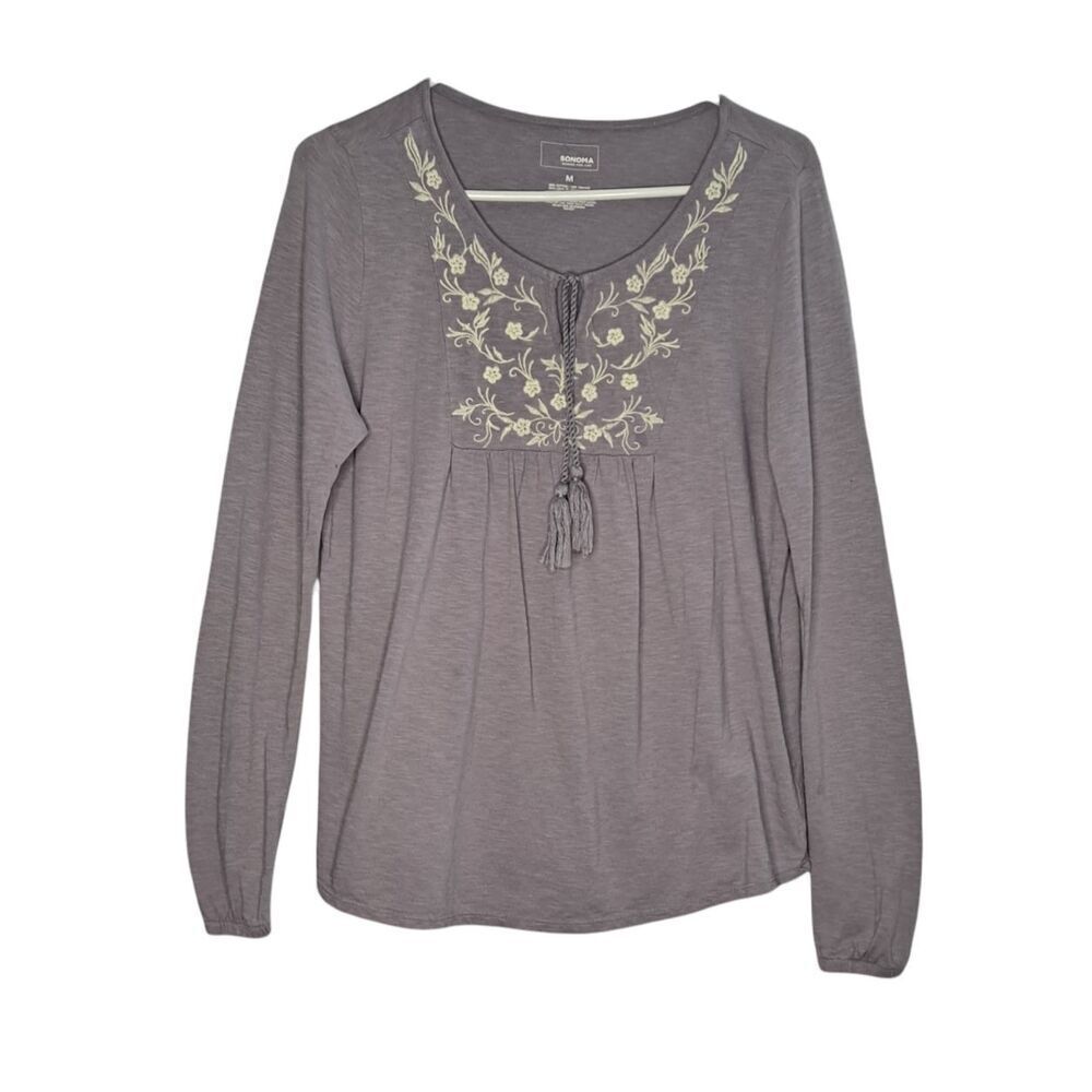 Sonoma Long Sleeve Boho Tassel Top Lavender Cream Embroidery Medium